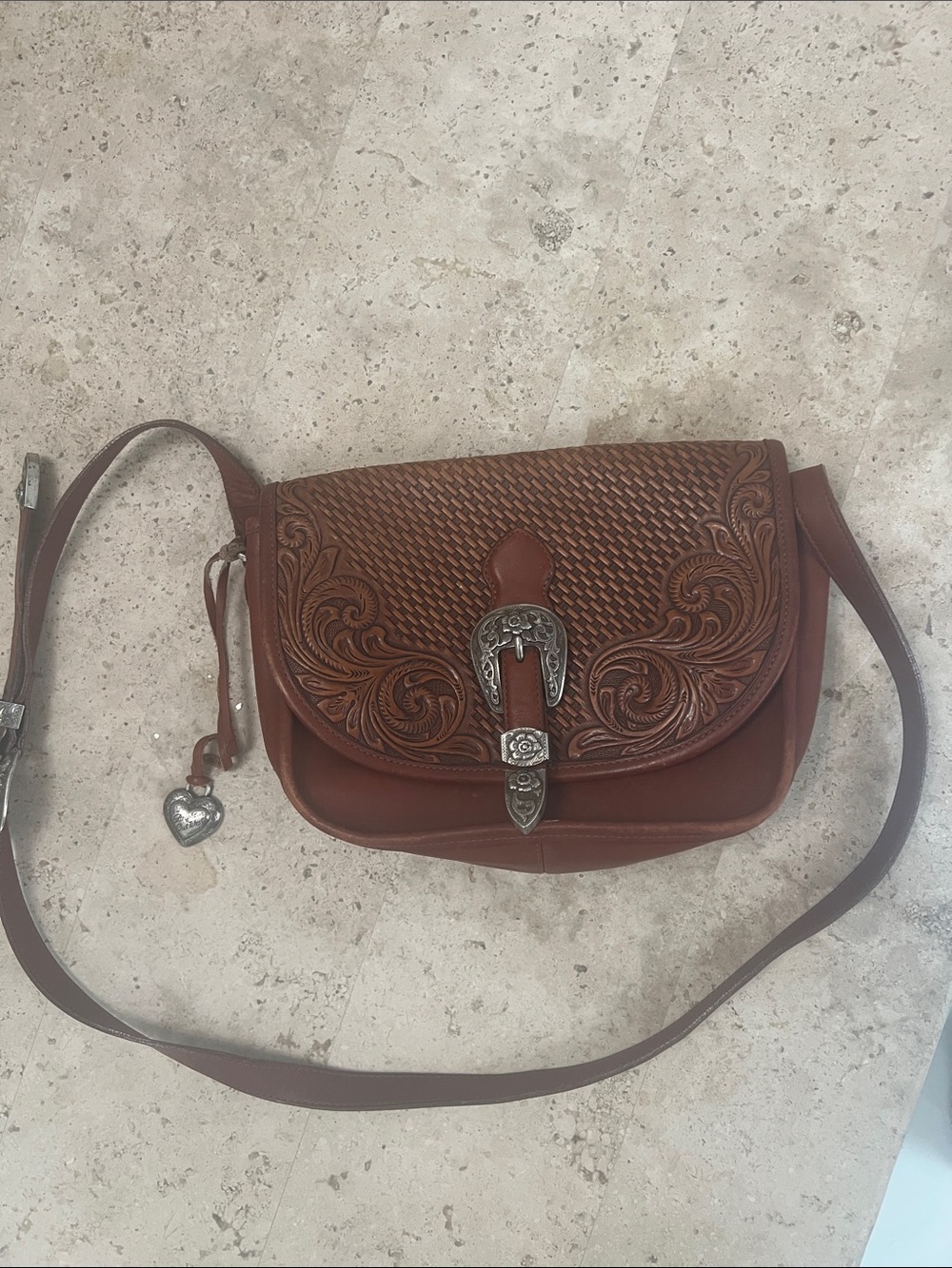 Brighton Brown Tooled Leather Crossbody with Decorative Buckle
